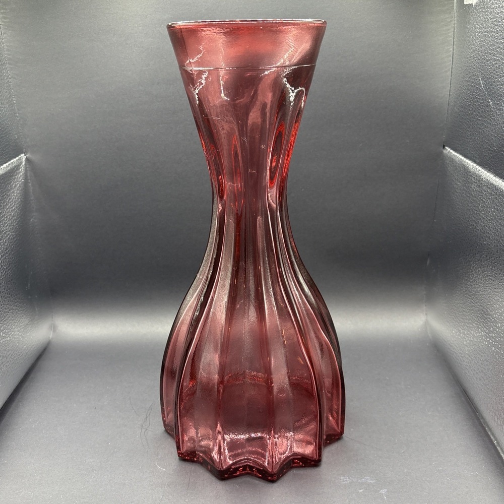 Vintage Tall Cranberry Glass Fluted Optic Vase 11.5" Hourglass Molded Star Base